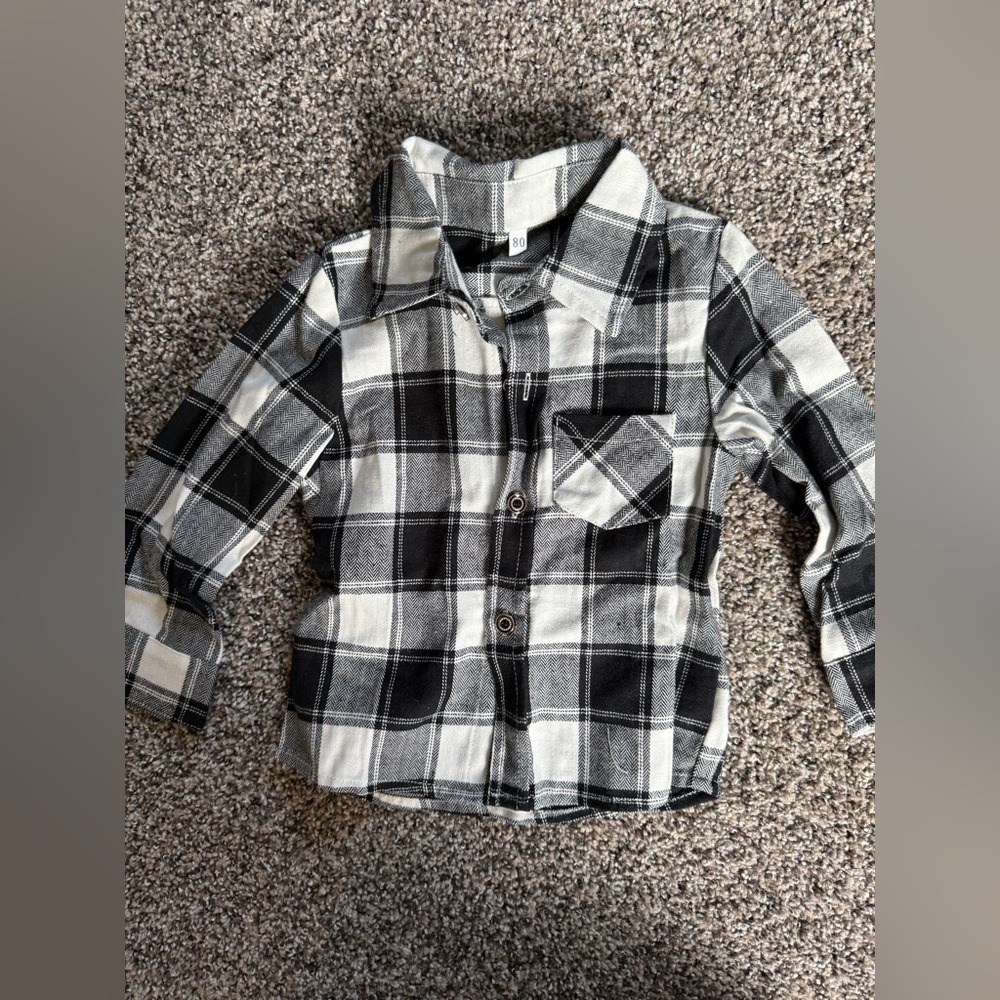 Baby Boy Black & White Plaid Button Down Shirt Size 12 Months NWOT